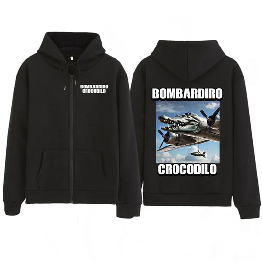 Bombardiro Crocodilo Zipper Hoodie – Funny Italian Brainrot Meme Jacket | Unisex Zip-Up Sweatshirt for Men & Women