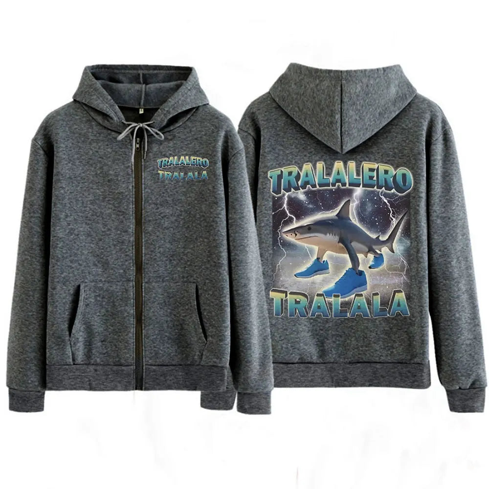 Tralalero Tralala Funny Shark Meme Print Zipper Hoodies Italian Brainrot Men Women Fashion Vintage Zip Up Sweatshirt Jacket Coat